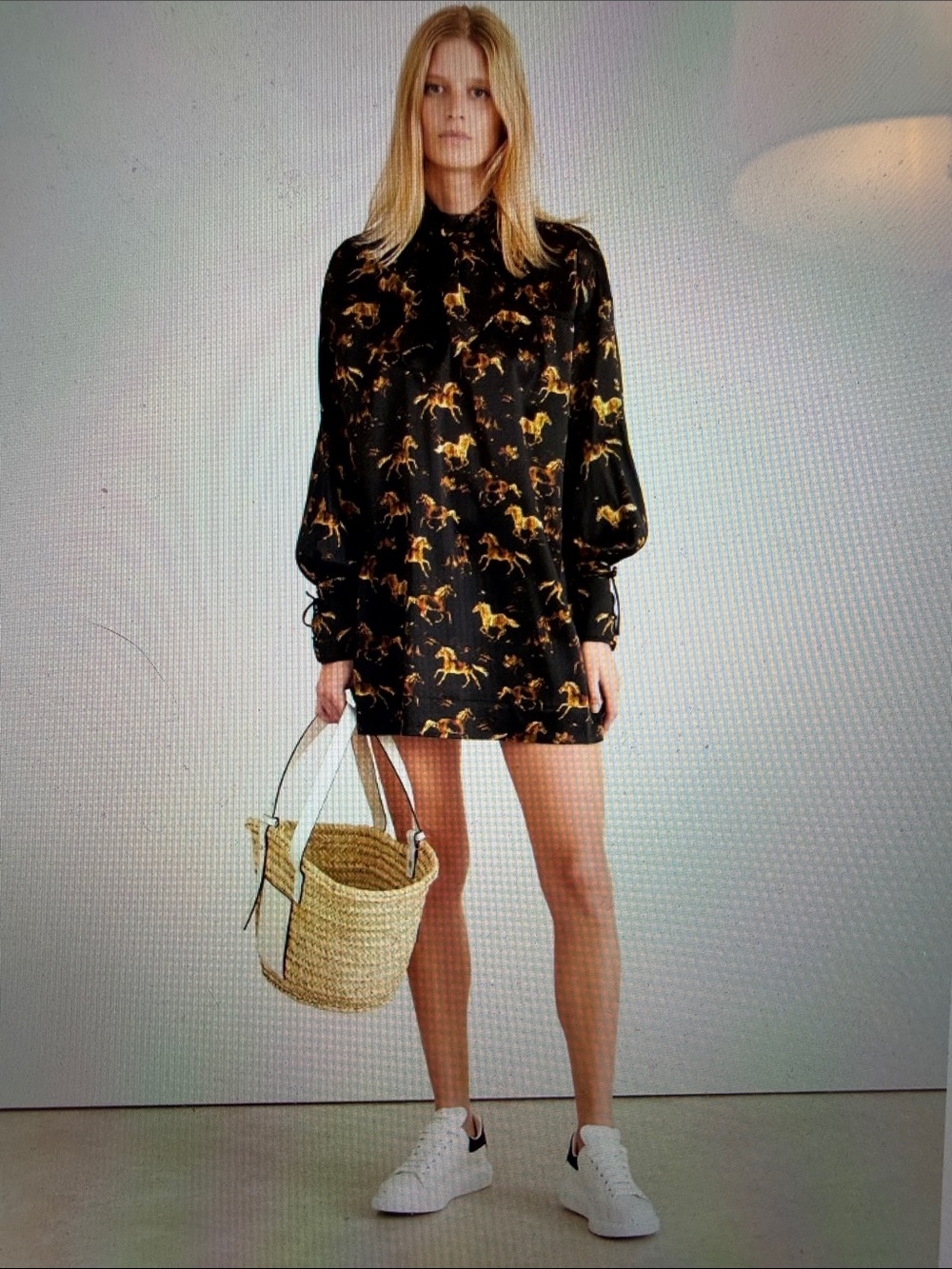 Ganni L/XL Horses oversized silk mini dress tie front/back equestrian